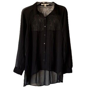 Lauren Conrad Sheer and Lace Blouse Button Up Black Top Women’s Size L